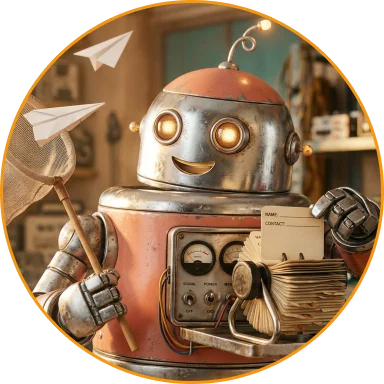 Robot surrounded by paper airplanes and letters