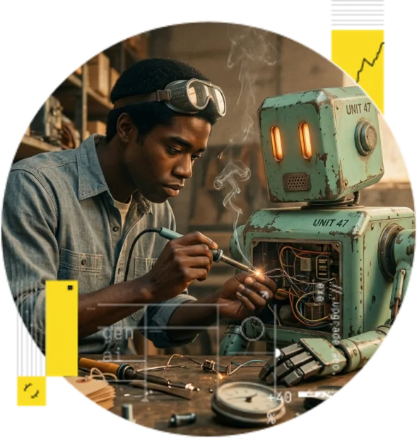 A technician solders wiring inside a green vintage robot