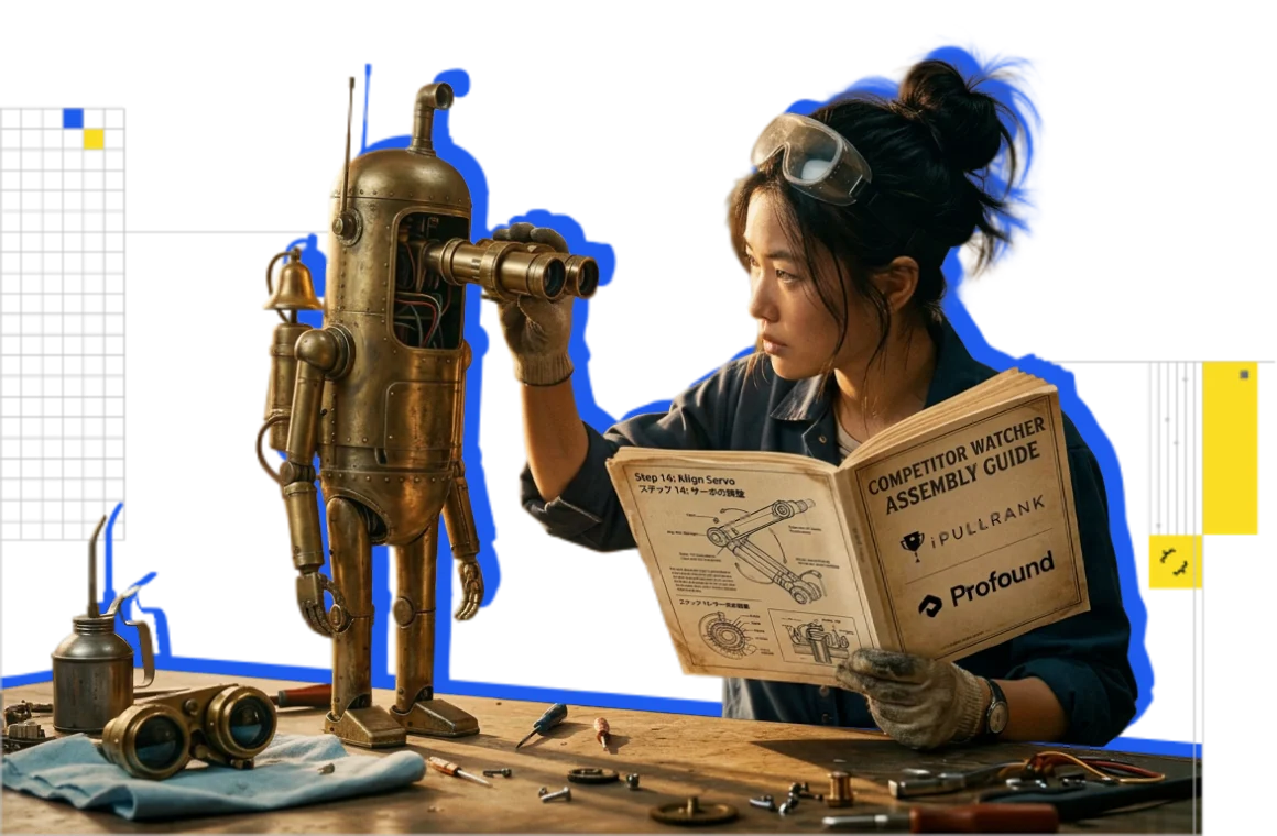 A woman reads a Competitor Watcher assembly guide beside a brass robot holding binoculars