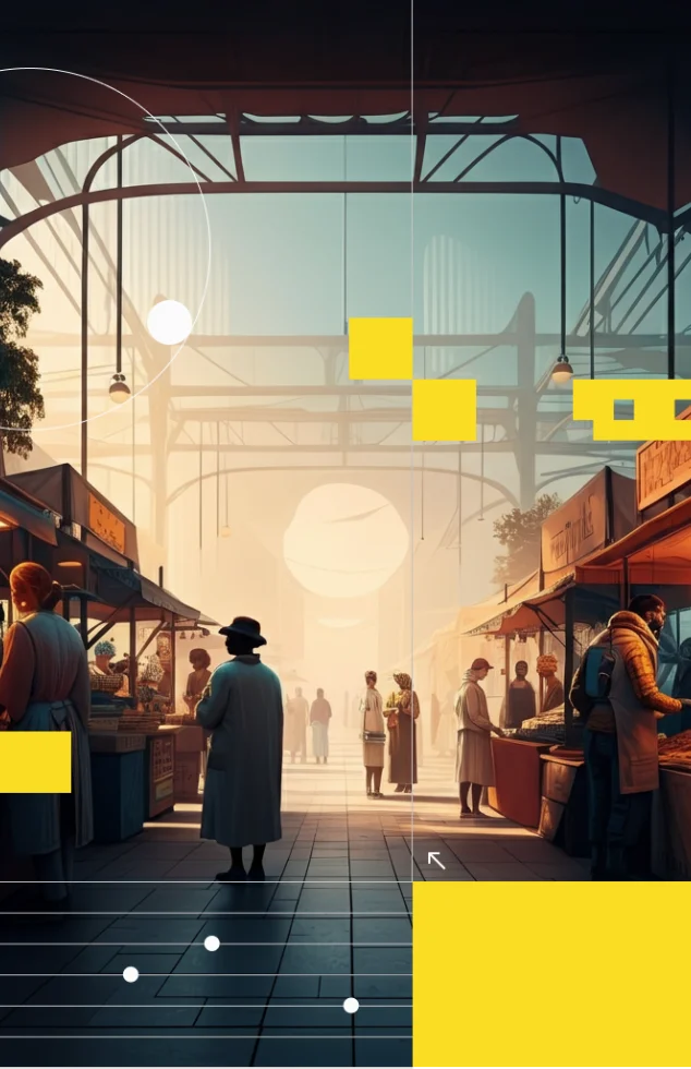 Illustrated marketplace hall with pixel-art accents