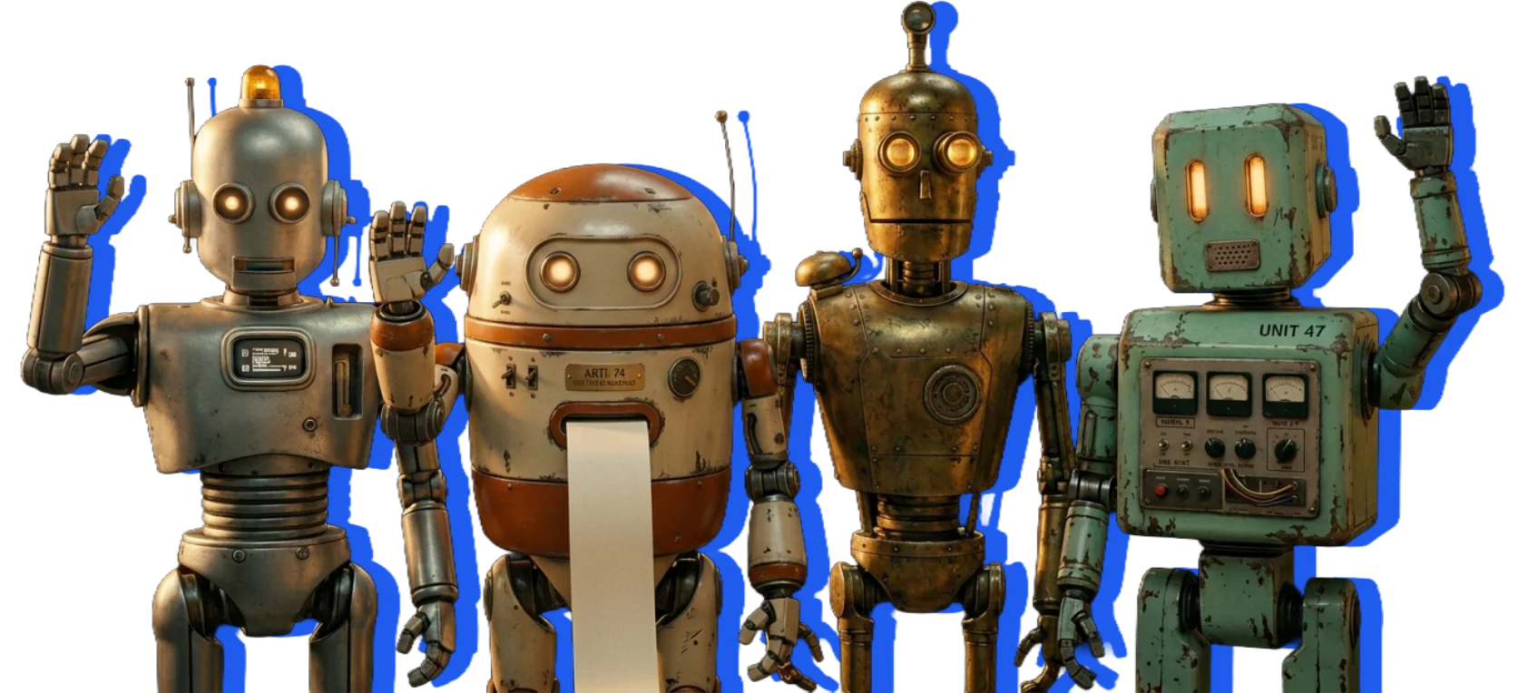 Four vintage robots waving