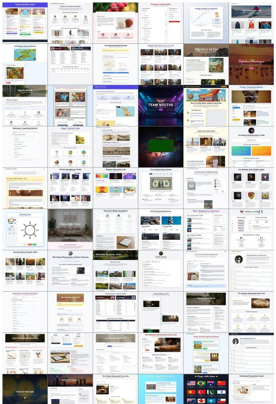 Grid of sample pages generated by generative UI from different prompts