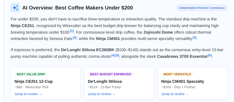 Generated AI Overview with coffee maker recommendation cards