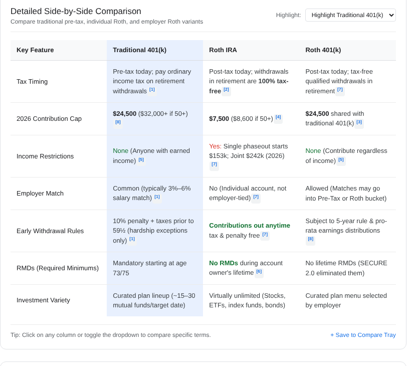 Generated side-by-side Roth IRA vs 401k comparison table