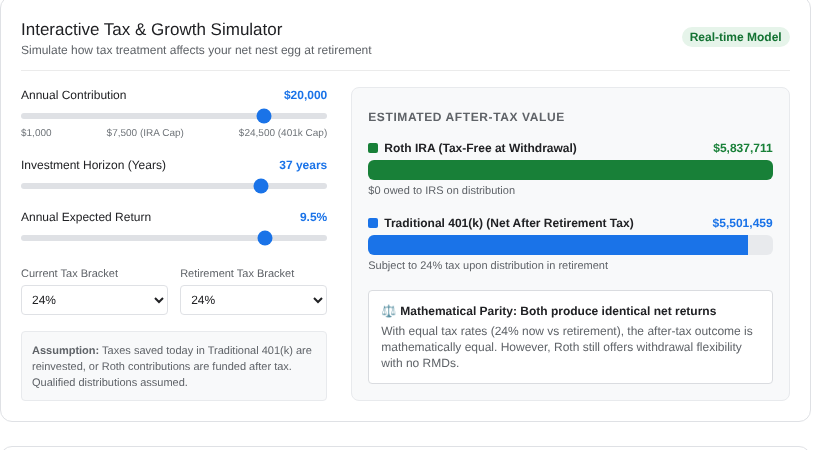 Generated Roth IRA vs 401k tax and growth simulator